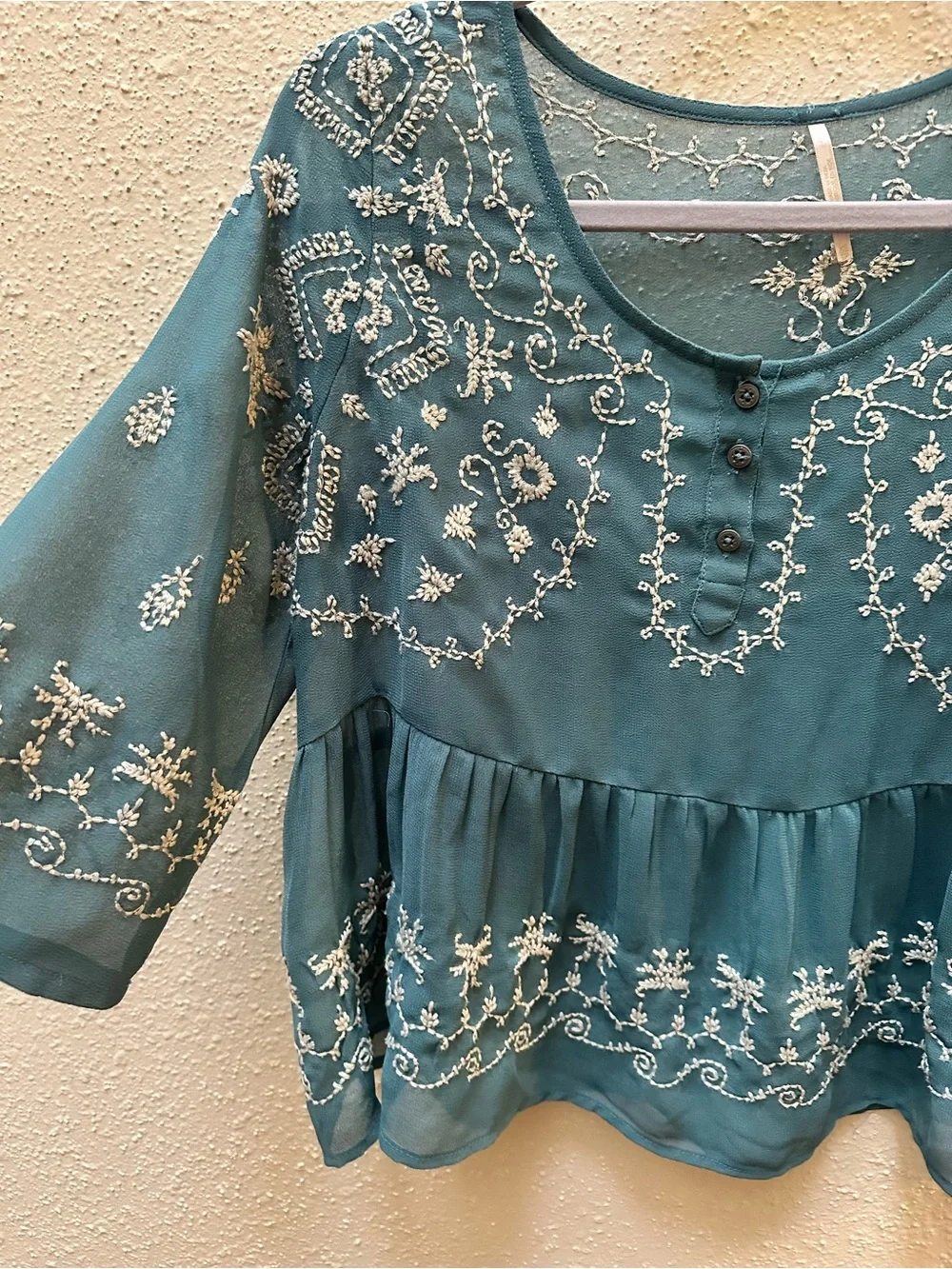 Free People Pennies Sequel Embroidered Floral Peasant Blouse Sheer Teal Boho XS